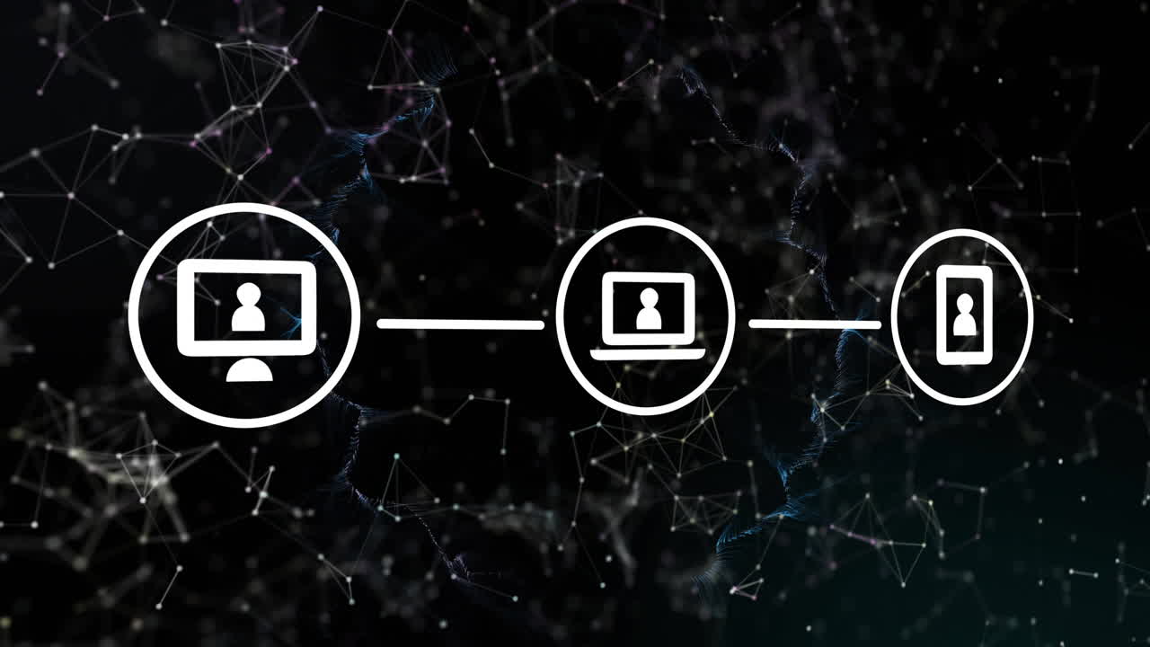 animación de la red de conexiones con iconos en fondo negro