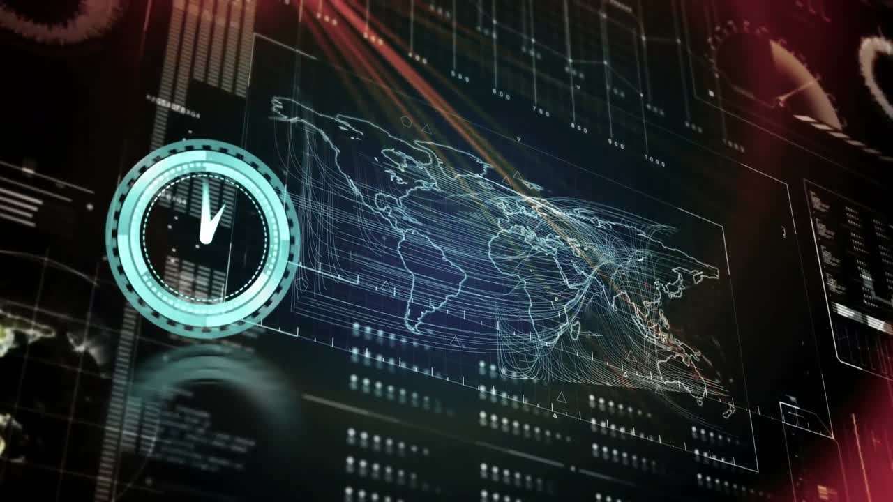 빠르게 움직이는 시계의 애니메이션과 디지털 화면의 데이터 처리