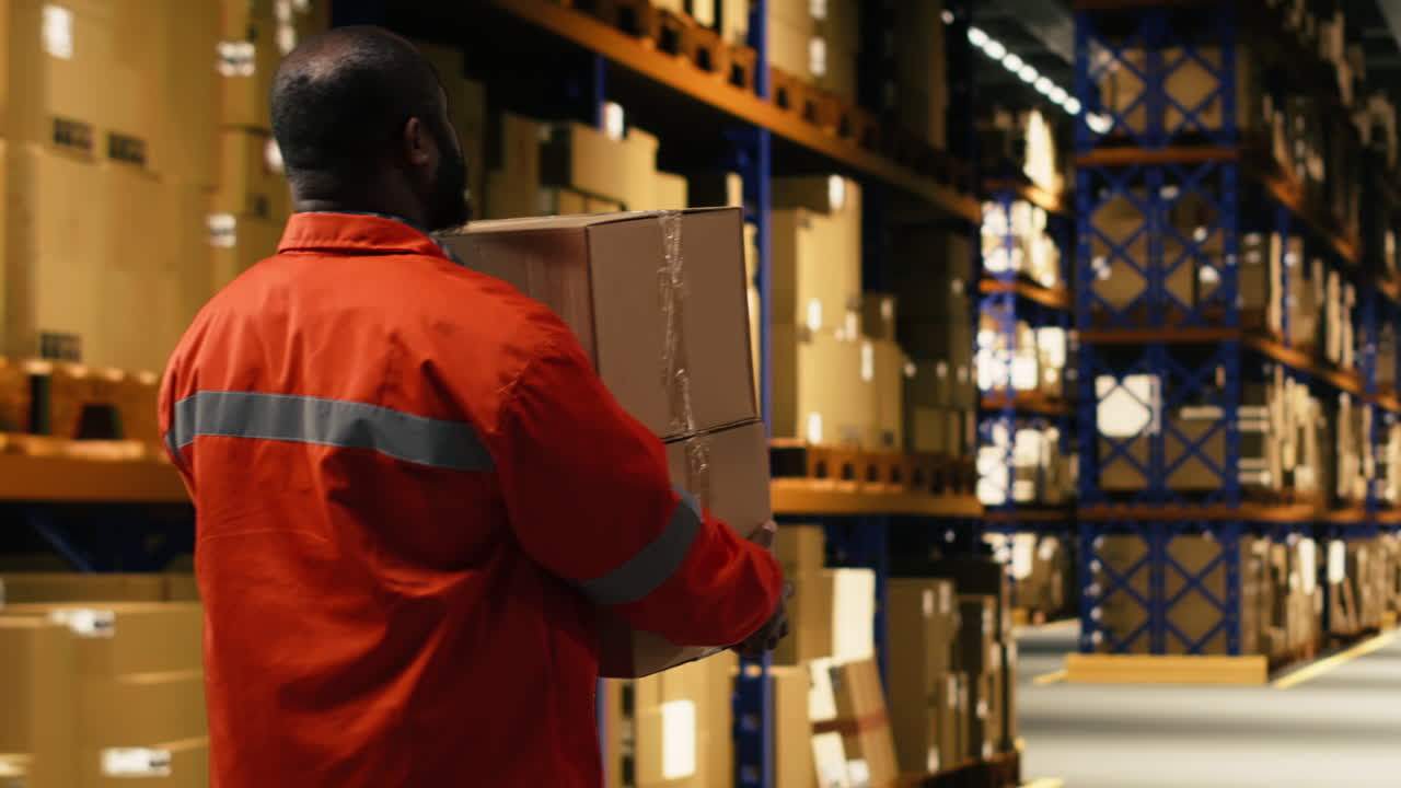 African american staff member carrying cardboard boxes in logistics depot