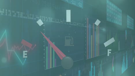 Animación-Del-Velocímetro-Y-Procesamiento-De-Datos-Estadísticos-Contra-Puntos-De-Luz-Sobre-Fondo-Azul