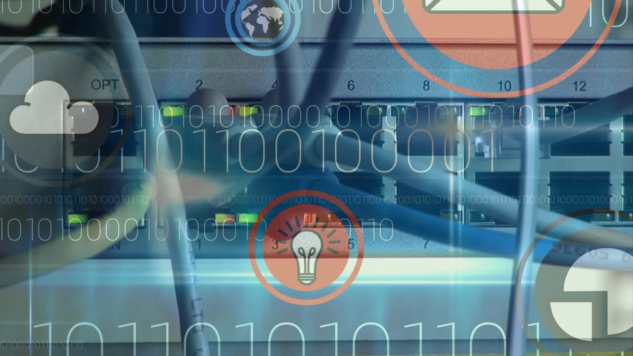 Animation of digital icons with binary coding over computer server in background