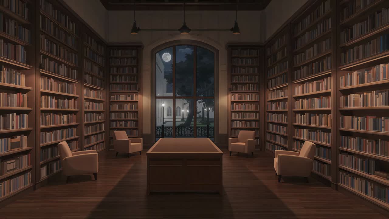 Pulling camera zooming out on central wooden table in reading room, revealing window and shelves