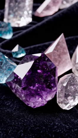 collection of sparkling faceted crystals on dark background
