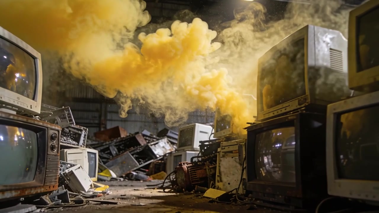 Un pennacchio di fumo giallo si innalza vicino a cataste sulla destra, spostandosi verso sinistra in un magazzino, avvolgendosi tra CRT e cavi.