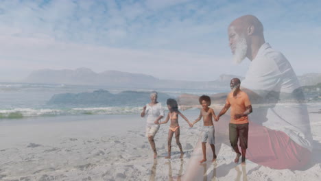 Animation-of-senior-biracial-man-over-senior-couple-with-grandchildren-running-at-beach