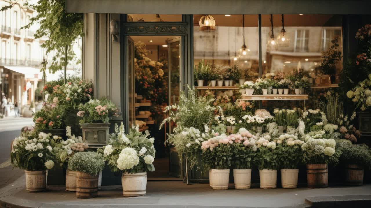 趣のある装飾が施された、魅力的な花屋をストリートレベルのアングルで撮影。