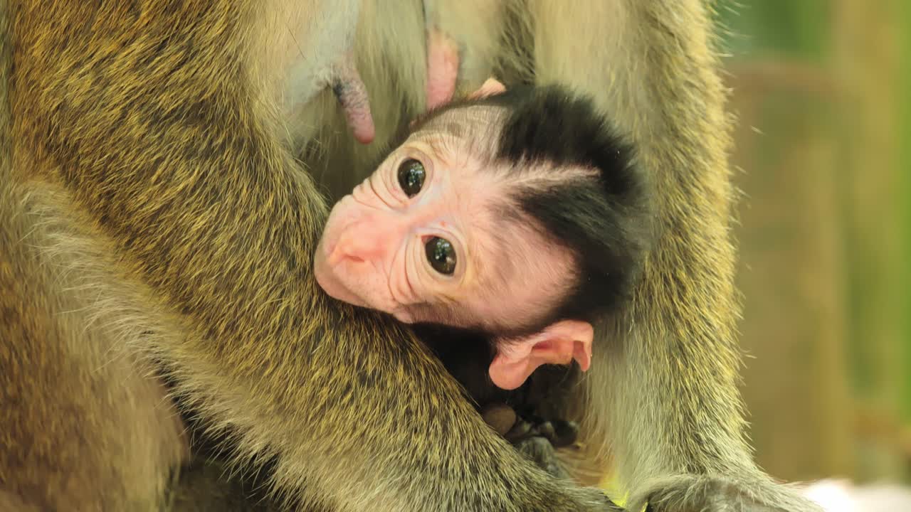 Vista aproximada de macaco filhote segurando a mãe com emoção suave, Cebu, Filipinas.