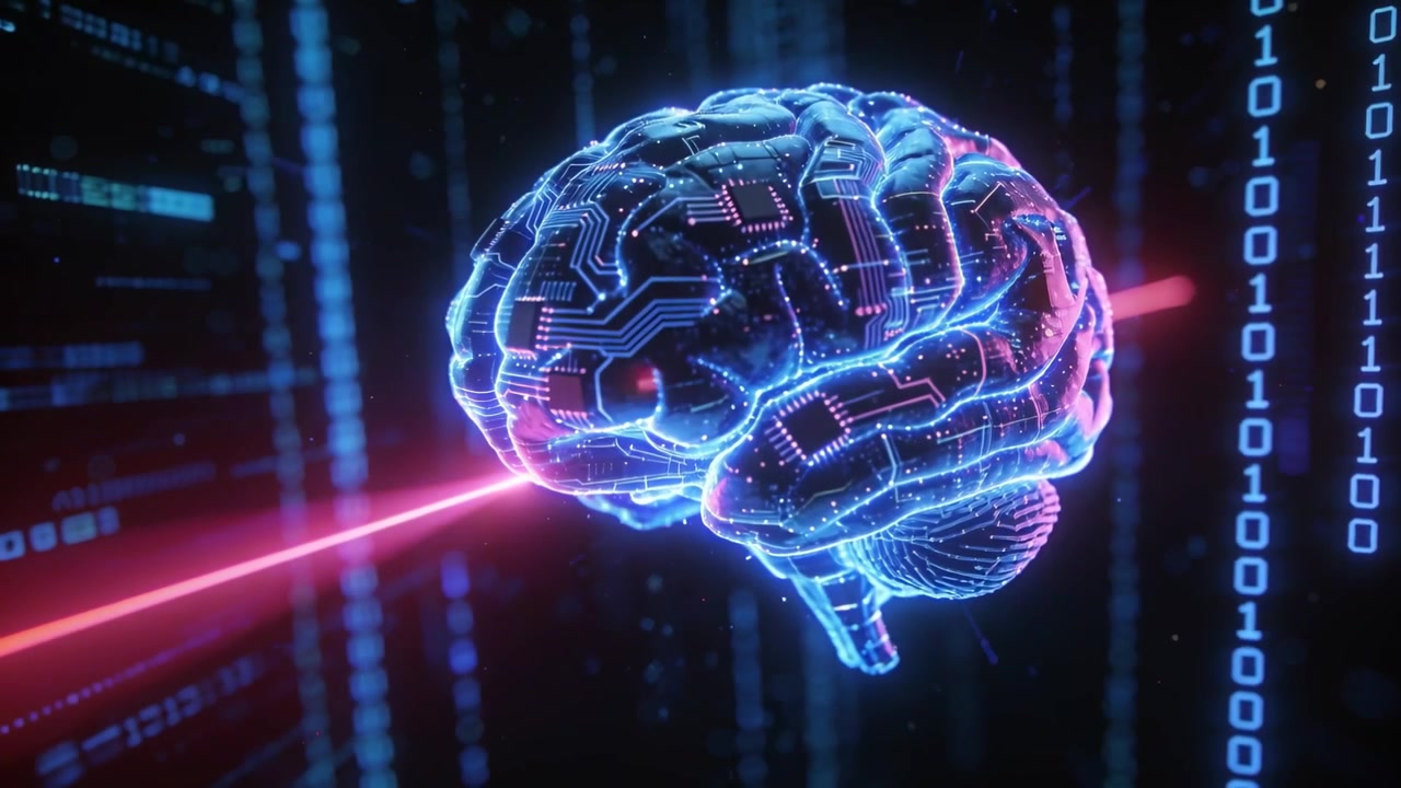 Scanning red beam contacting left side, hologram brain pulsing circuits across midline for data