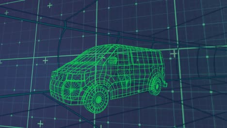 animation of data processing and shapes over digital car on blue background