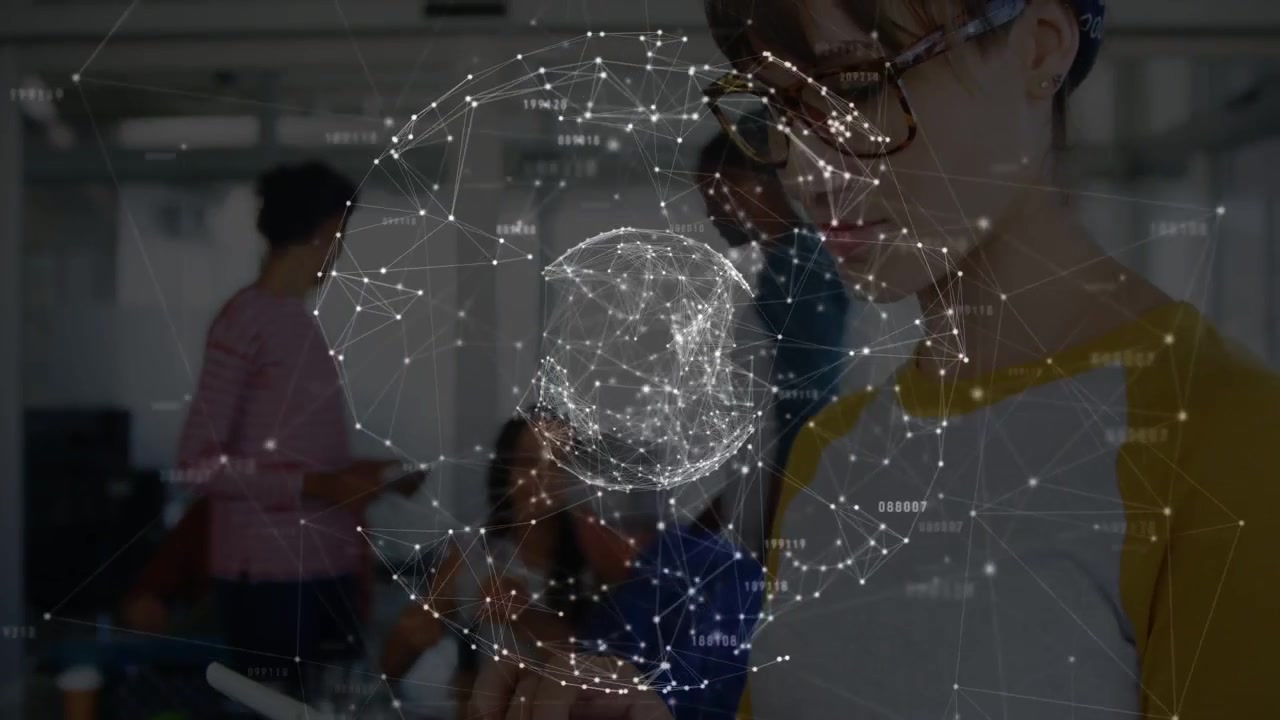 Camera shifting right, globe rotating and flickering, woman tapping tablet, showing network links