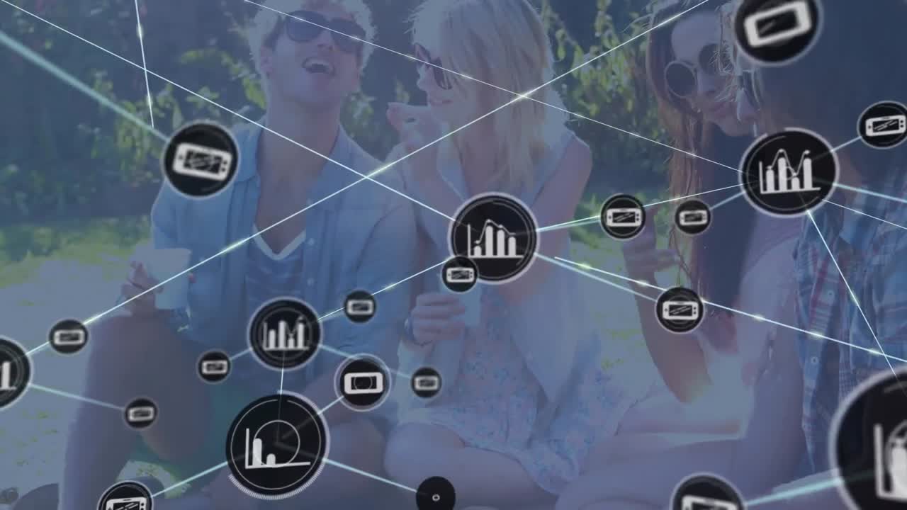 animación de la red de conexiones entre diversos amigos en la fiesta de verano