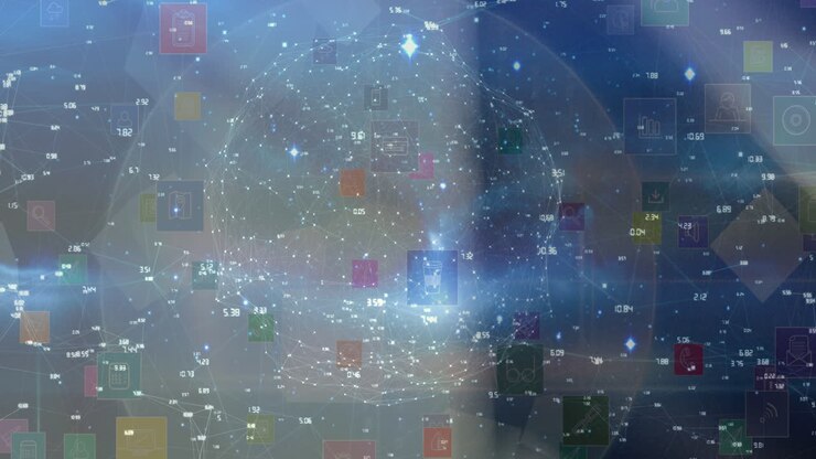 Animation of globe with digital icons over blurred background