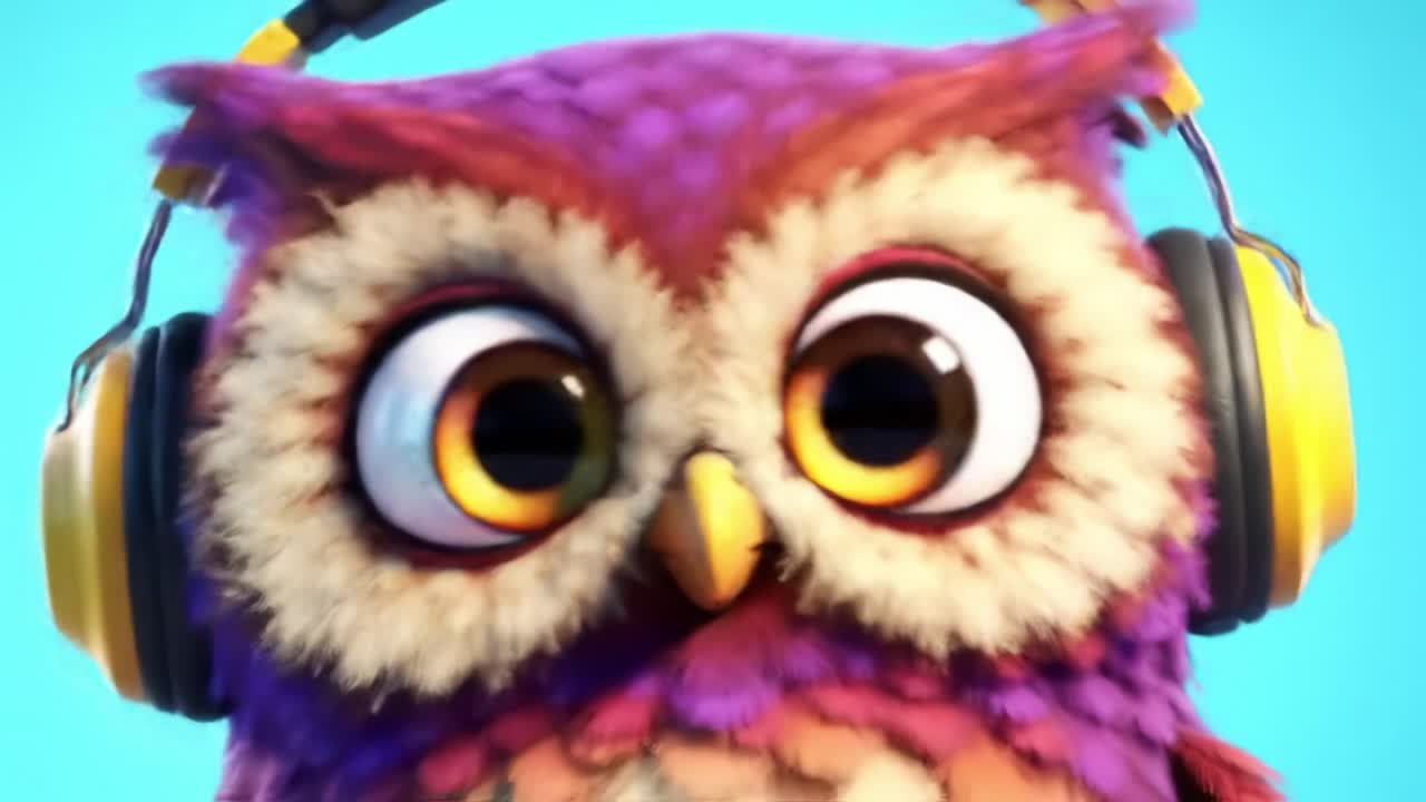 A Colorful Animated Owl with Headphones Staring Directly at the Viewer, Showcasing Its Large, Expressive Eyes and Vibrant Plumage Against a Bright Blue Background