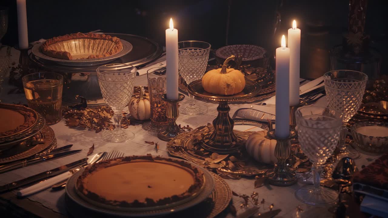 Fiamma tremolante di candela che danza su un tavolo autunnale con candelabri, torte di zucca e calici di cristallo