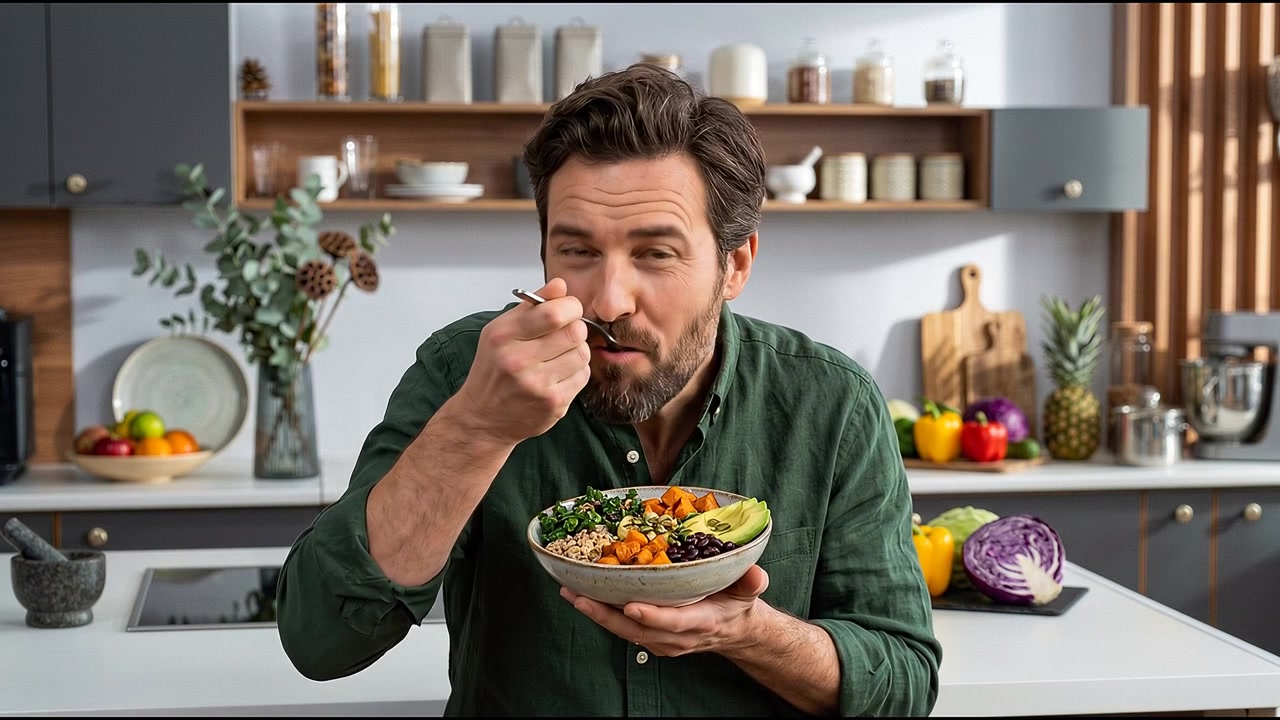 Mann isst genüsslich Salat mit Holzlöffel, im Hintergrund Obst und Gemüse auf der Küchentheke arrangiert.