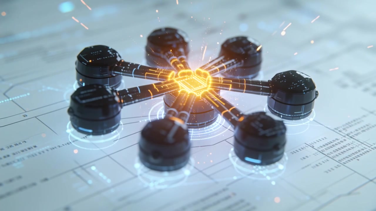 Core brightening pulsing energy through radial arms, powering nodes and holo rings on blueprint