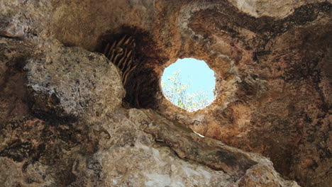 Toma-Estática-Del-Agujero-En-La-Cueva-Con-Muchas-Abejas-Voladoras-Al-Aire-Libre-Durante-La-Temporada-De-Primavera