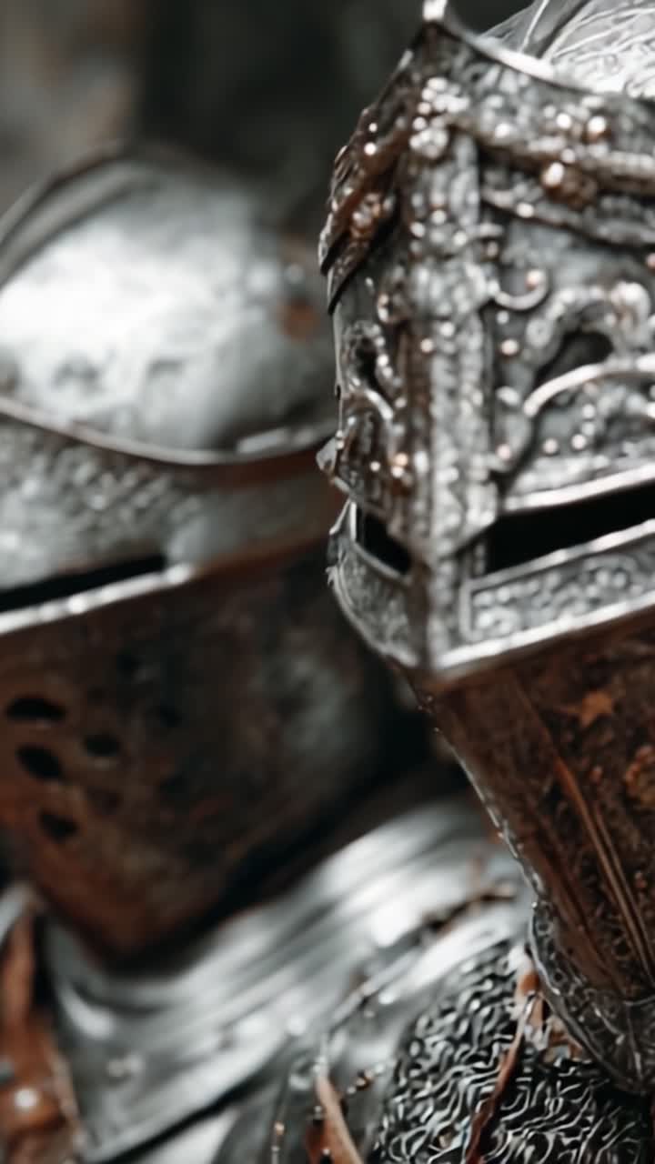 Une exploration en gros plan des détails complexes d'armure sur deux chevaliers historiques, mettant en valeur le savoir-faire majestueux de l'armement et de l'équipement de combat médiévaux.