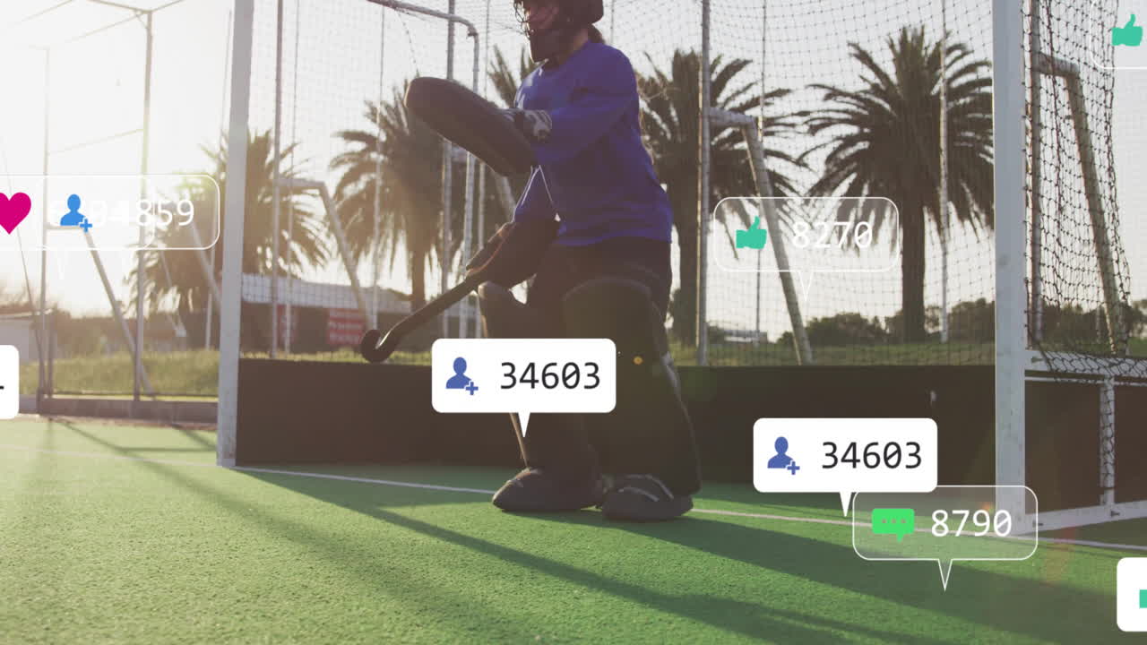 On field, hockey player with animation of social media interaction icons