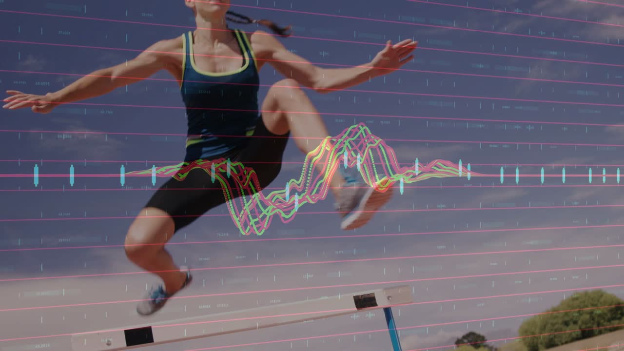 Female athlete speeding toward hurdle, leaping for sports training while waveform syncing to motion