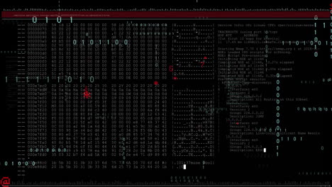 animación de capas de texto y procesamiento de datos binarios sobre fondo negro