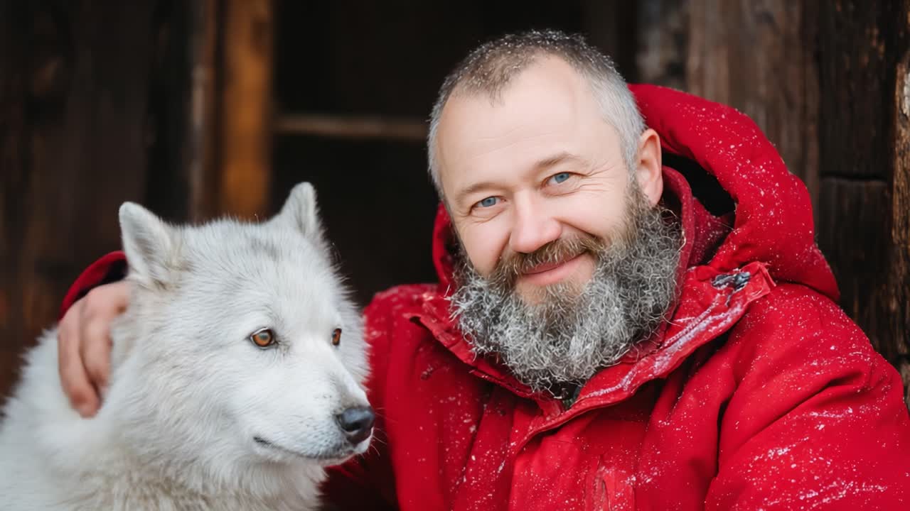 A Joyful Encounter: A Smiling Man in a Red Coat Embraces His Arctic Wolf Companion in a Snowy Landscape, Showcasing Their Close Bond and the Beauty of Nature
