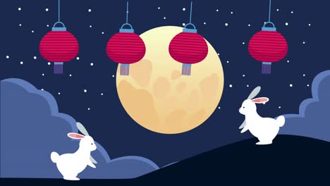 mid autumn festival animation with rabbits and lanterns hanging