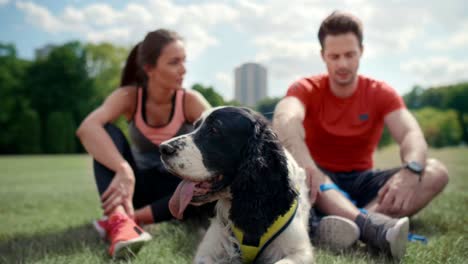 Glückliches-Paar-Und-Hund-Ruhen-Sich-Nach-Hartem-Training-Aus,-Kattowitz,-Polen