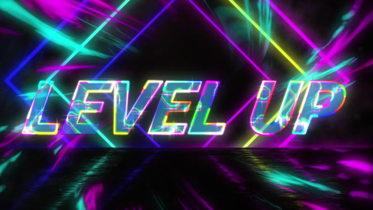 Animazione del testo "level up" su forme al neon su sfondo nero