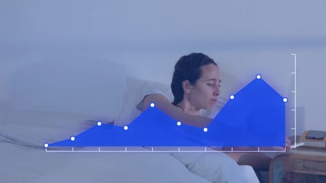 animation of data processing against caucasian sick woman checking her temperature in bed at home