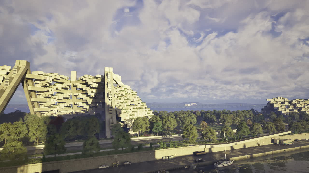 Modern architecture along a riverbank with dramatic clouds in daytime