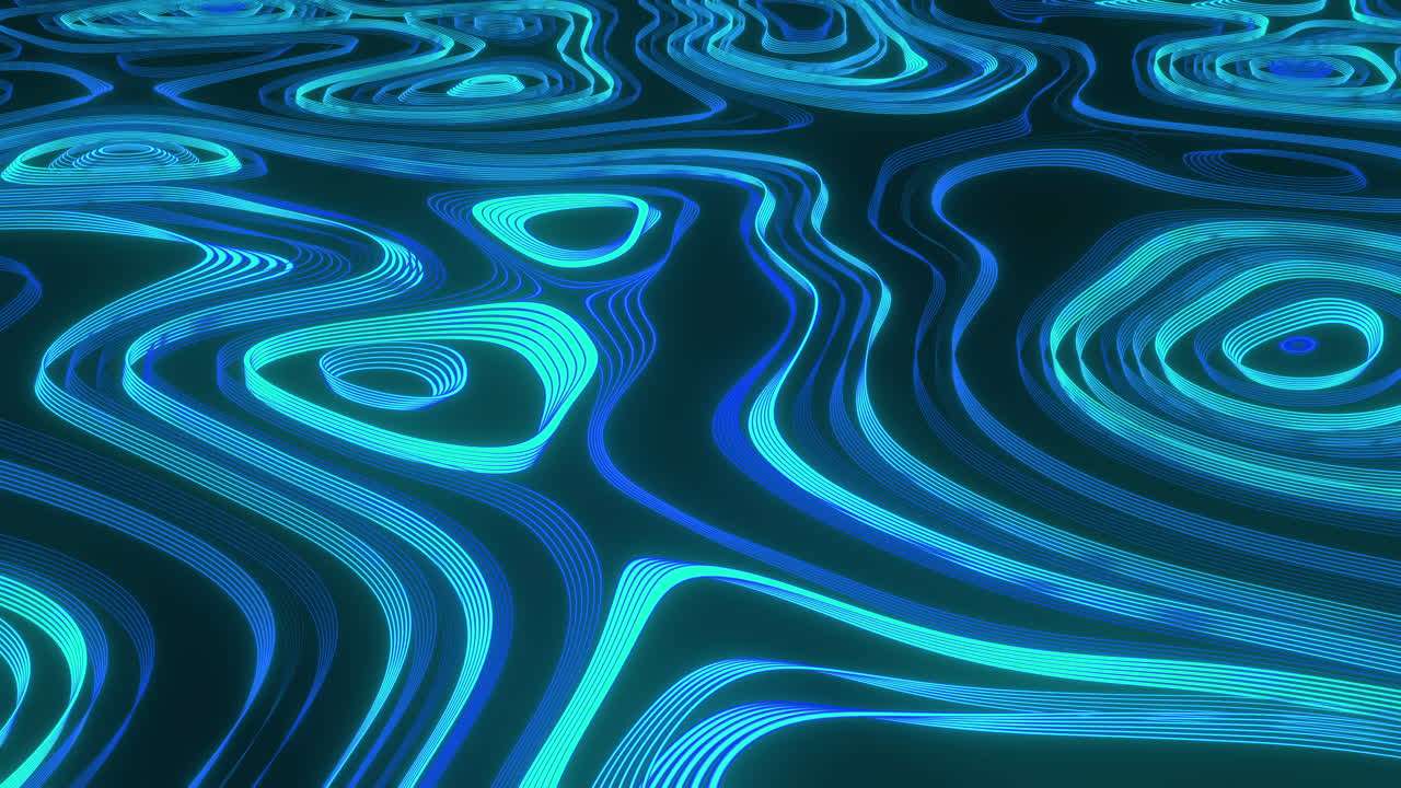 검은색 배경에서 무결한 선으로 움직이는 밝은 파란색과 어두운 파란색 액체 선의 애니메이션