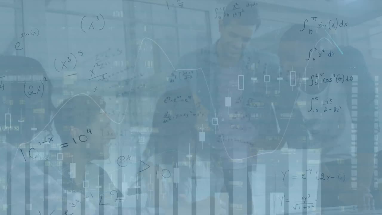 animación de fórmulas matemáticas y gráficos sobre diversos empresarios en la oficina