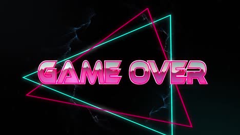 Animation-of-game-over-text-in-metallic-pink-letters-with-triangles-over-green-smoke-trails