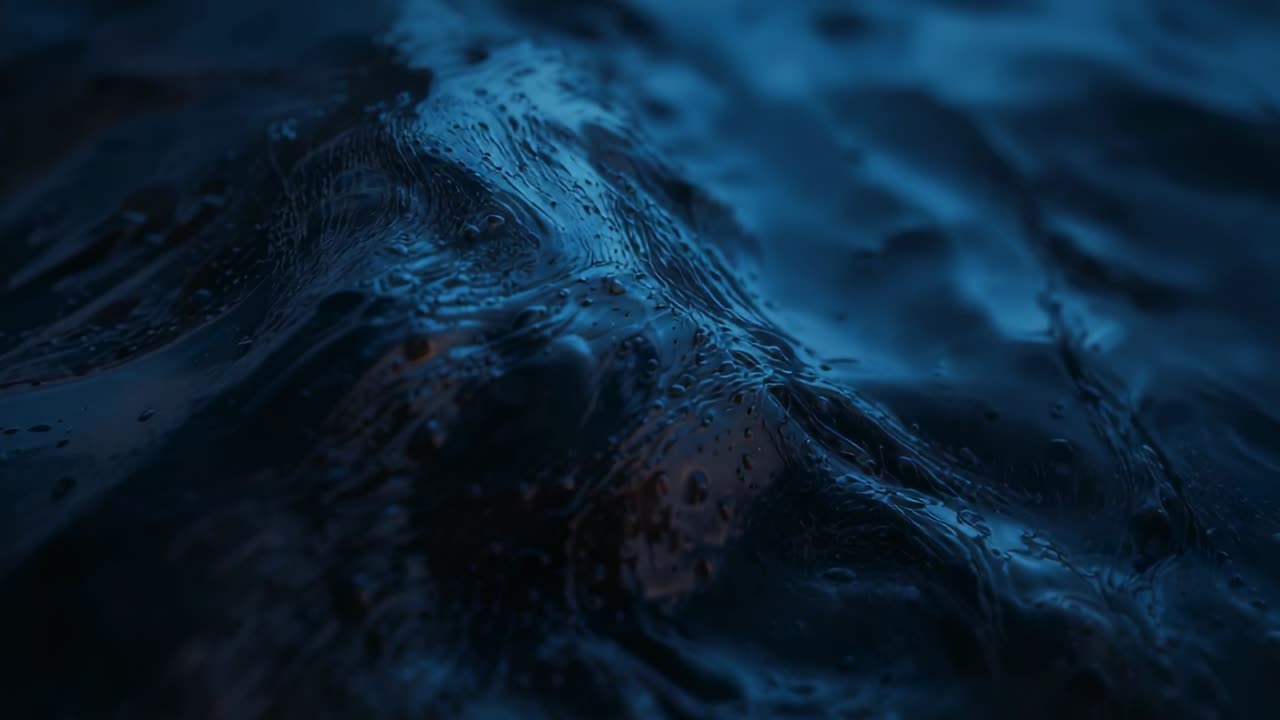 Displacing crest causing dark glossy liquid shifting, droplets running, glinting in close blue view