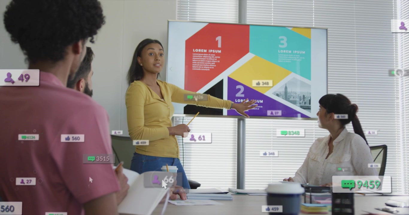 Presenter in yellow pointing at infographic and explaining business plan while overlays increasing