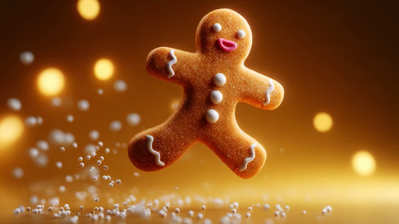 A Joyful Gingerbread Man Dancing in the Air Amidst a Glittering Background, Sprinkled with Sugar, Showcasing a Delightful Holiday Spirit and Sweet Treat Vibes That Captivate the Senses