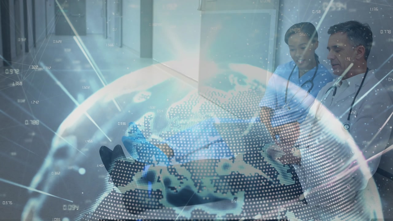 Animation of globe and connections over diverse female and male doctors