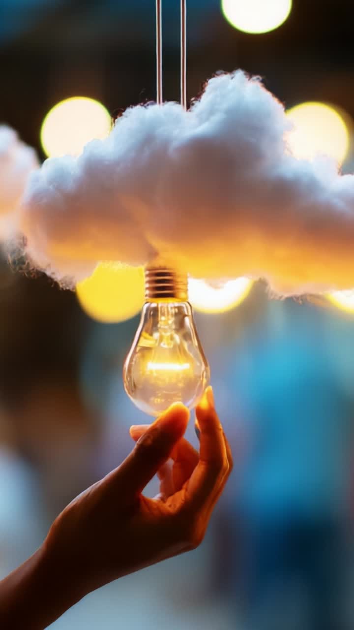 Illuminated Dreams: A Hand Holds a Lightbulb Suspended from a Fluffy Cloud Over Enchanting Bokeh Lights in a Magical Setting