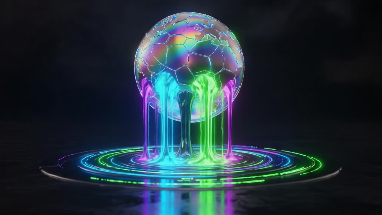 A Stunning Visual Representation of a Colorful Globe Exuding Vibrant Liquid Streams, Merging Nature with Technology in a Captivating Neon Artwork