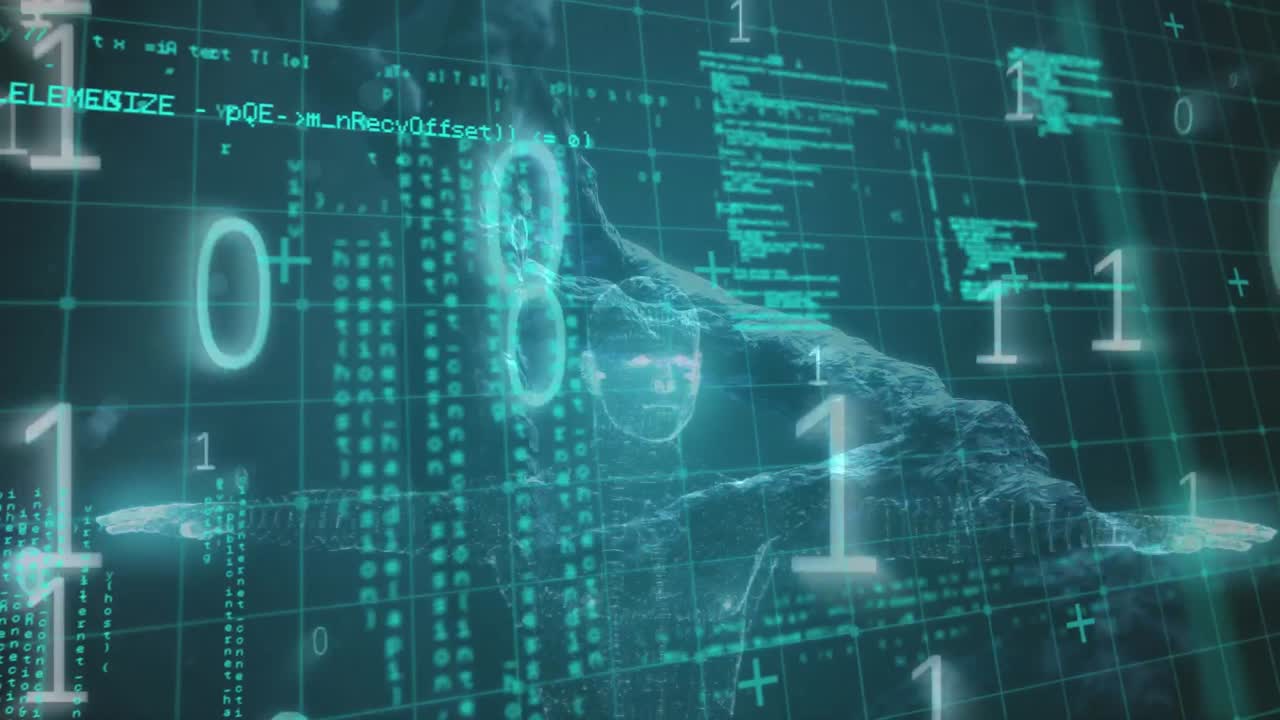 Animation of data processing with binary coding over 3d dna strand spinning