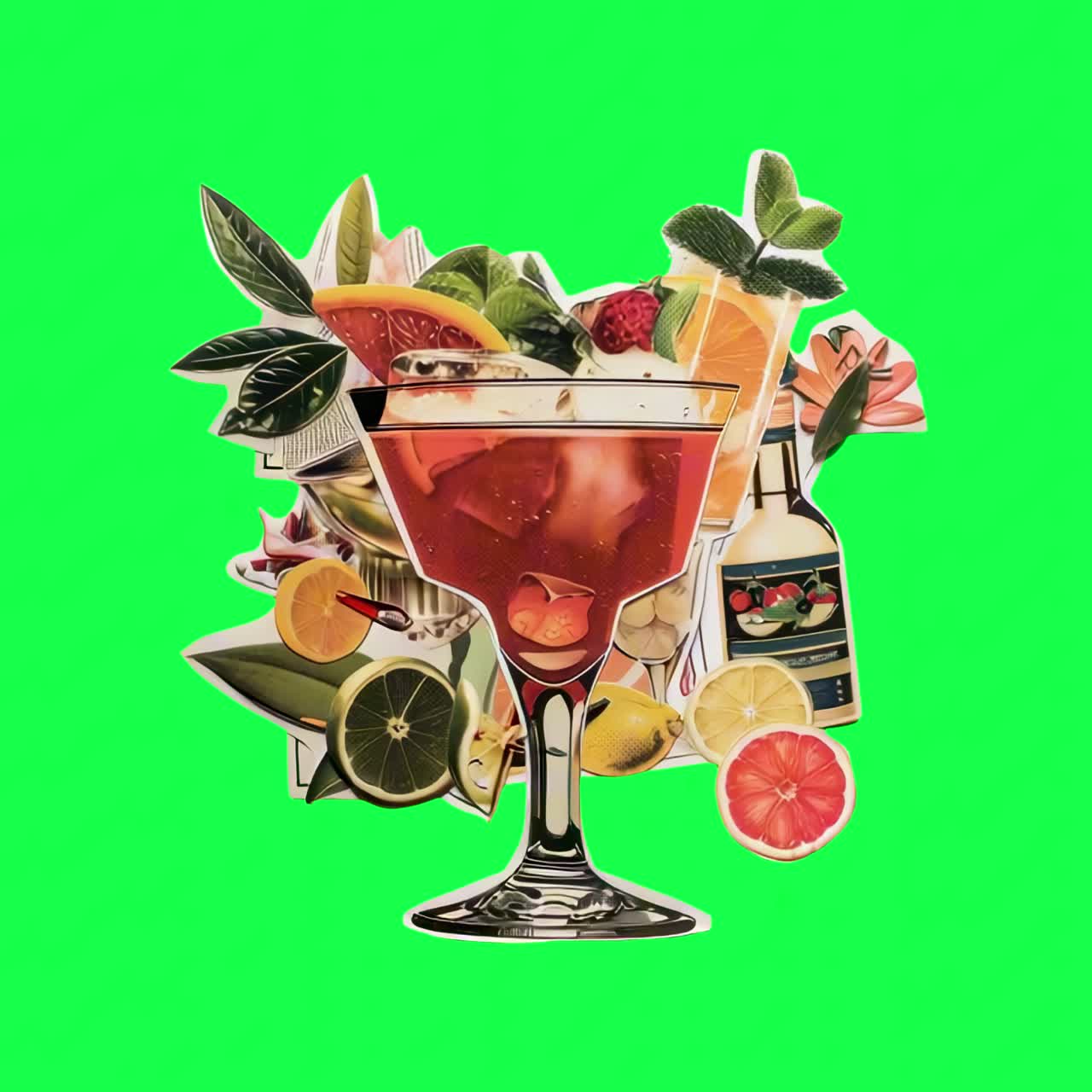 Vibrant cocktail with fresh fruits animation, transparent 4K video, green screen