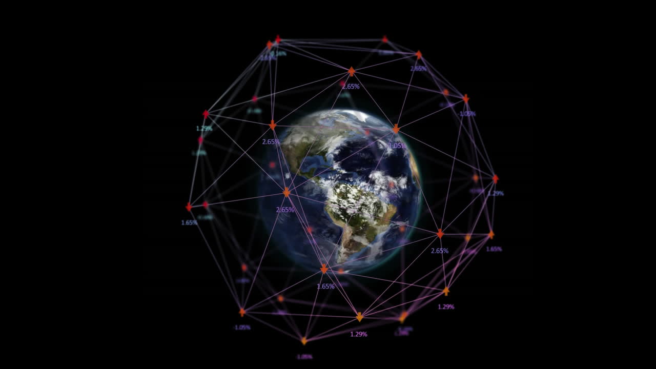 цифровое композитное видео сети связей с числами, плавающими над вращающимся глобусом