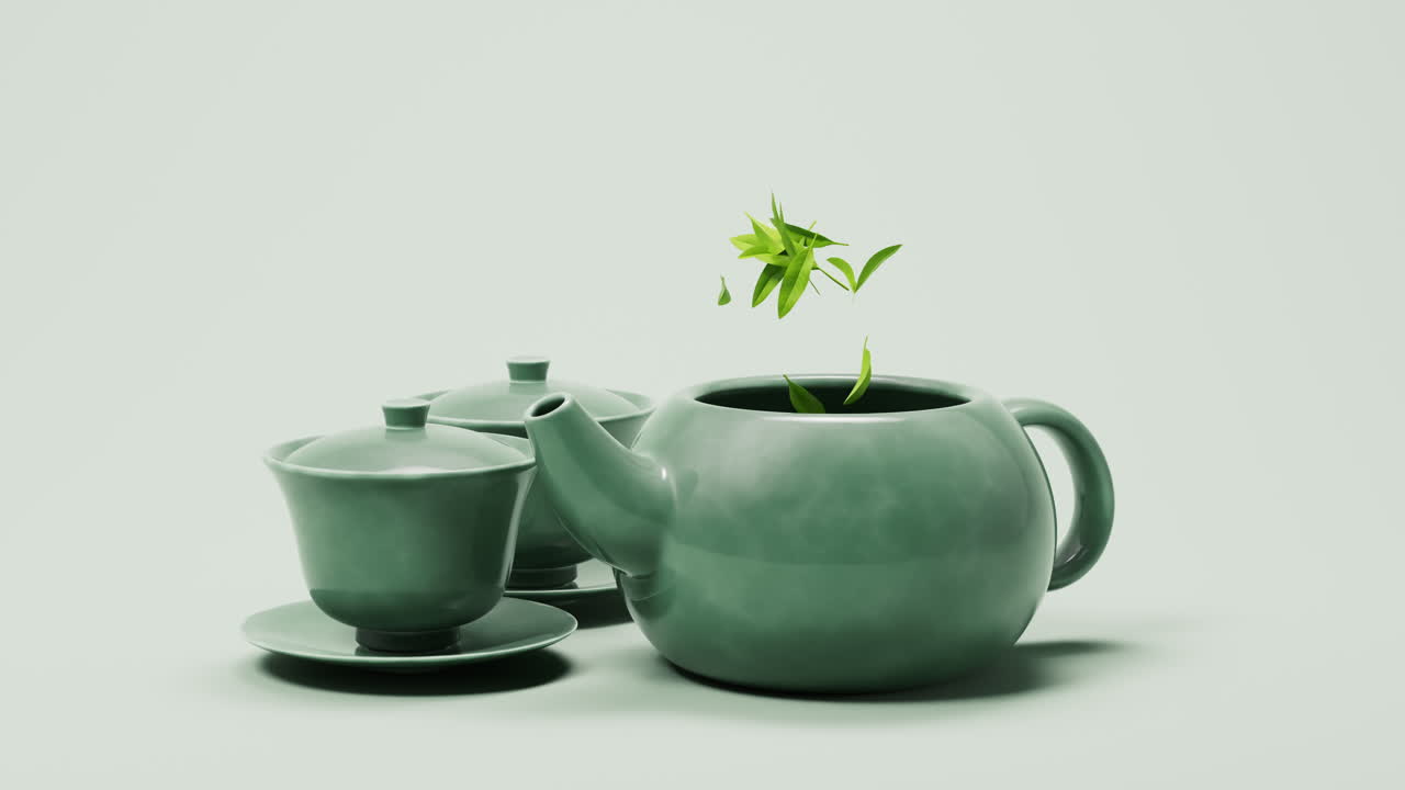 antigua tetera china y taza de té con hojas de té, renderización en 3d.