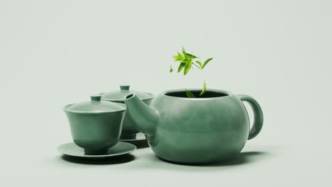 chinese ancient teapot and teacup with tea leaves, 3d rendering.