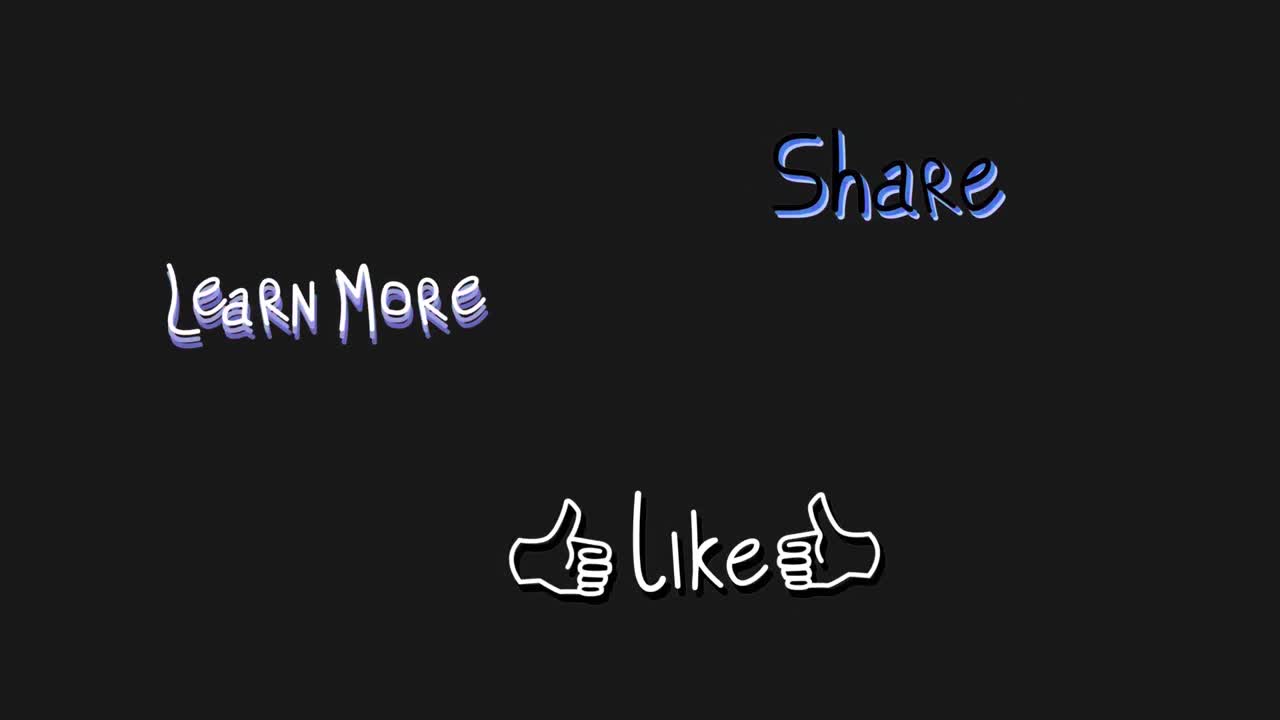 Animation of words Learn More Share and Like flickering on black background