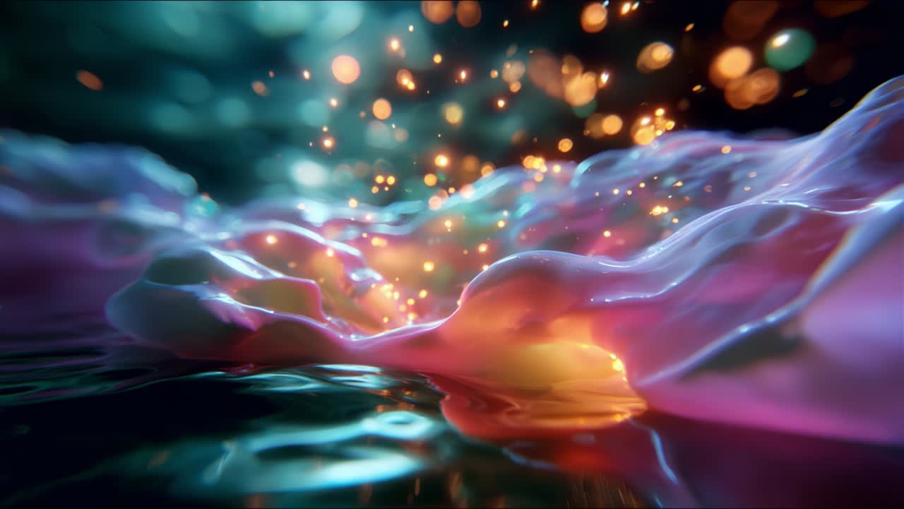 A mesmerizing visual journey through undulating waves of vibrant colors and sparkling lights, depicting an abstract representation of fluid motion and luminous reflections in a dreamlike environment