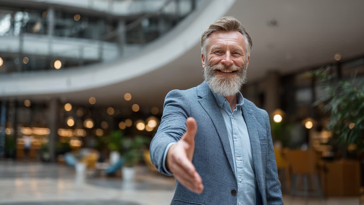 En Venlig og Professionelt Udseende Mand, der Tilbyder et Håndtryk i et Moderne Indendørs Miljø, Udstrålende Selvtillid og Imødekommenhed