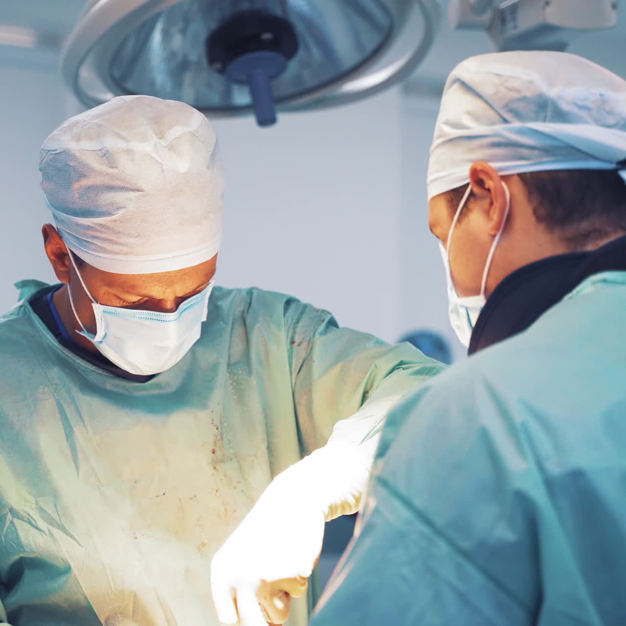 Medici professionisti in uniforme medica che fanno un'operazione. Processo di operazione da neurochirurghi. Avvicinamento.