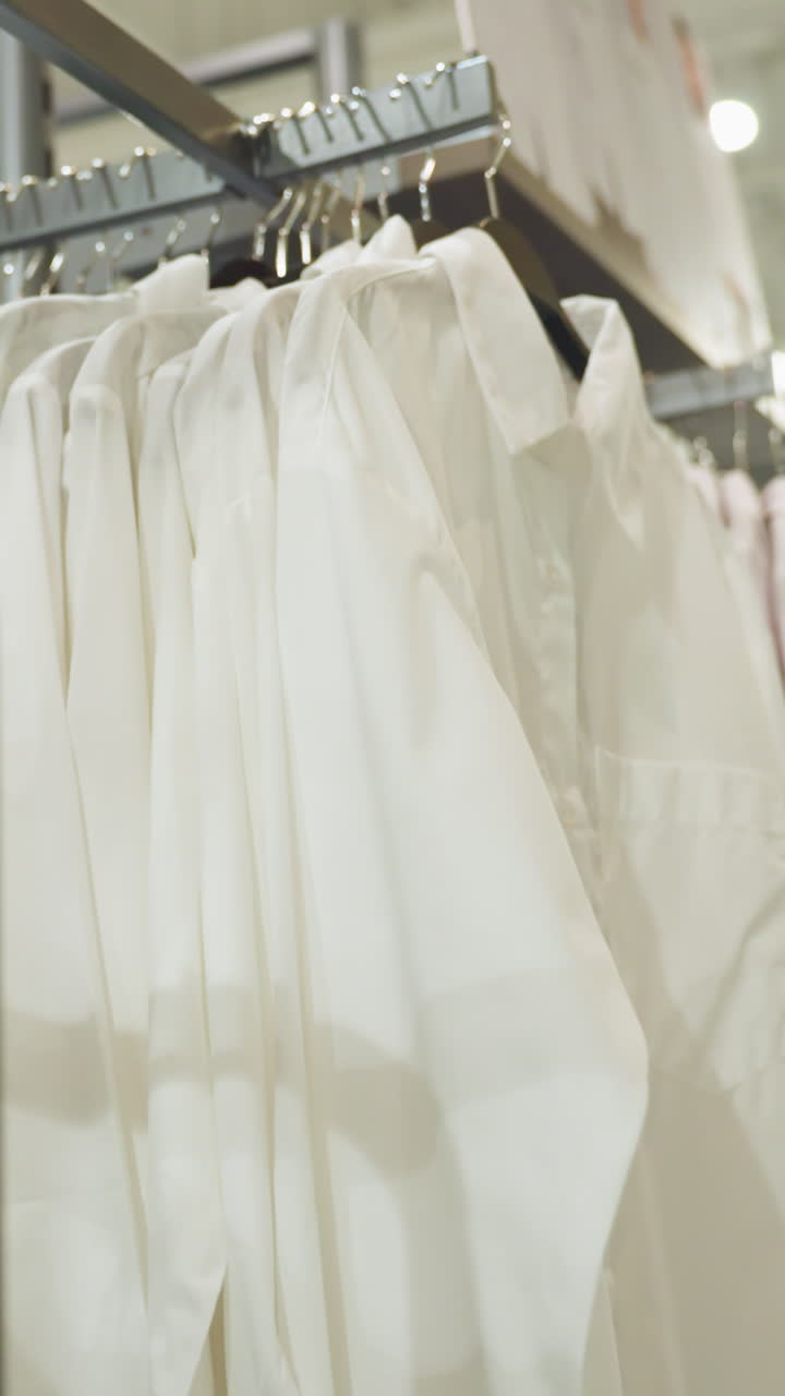 una tienda de ropa que muestra una variedad de ropa en estantes, incluidas camisas blancas, chaquetas y vaqueros bien colgados. capturado con una cámara de mano, el video destaca el diseño organizado